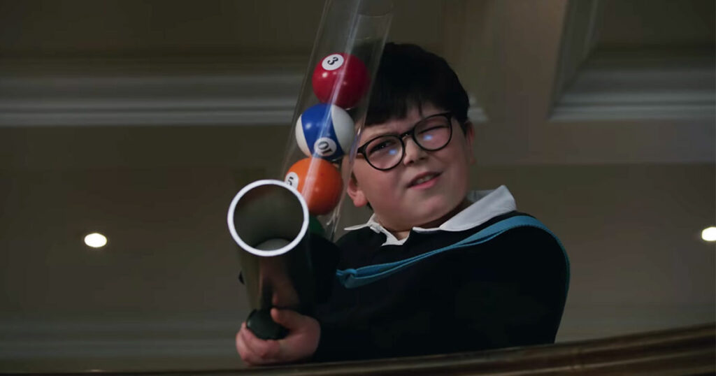 'JoJo Rabbit's' Archie Yates holding a cannon toy in the new ‘Home Sweet Home Alone’. Photo: Disney+