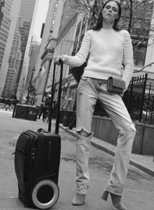 Black and white photo of a piece of luggage being held by a woman