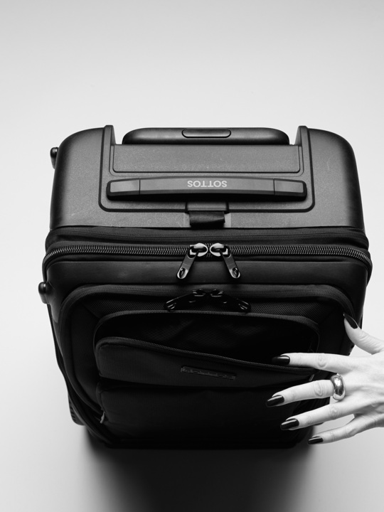 Black and white photo of a piece of luggage