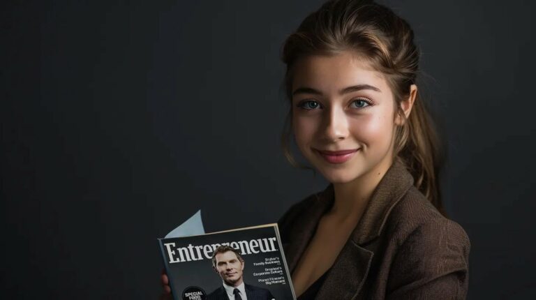 A smiling woman holding a magazine