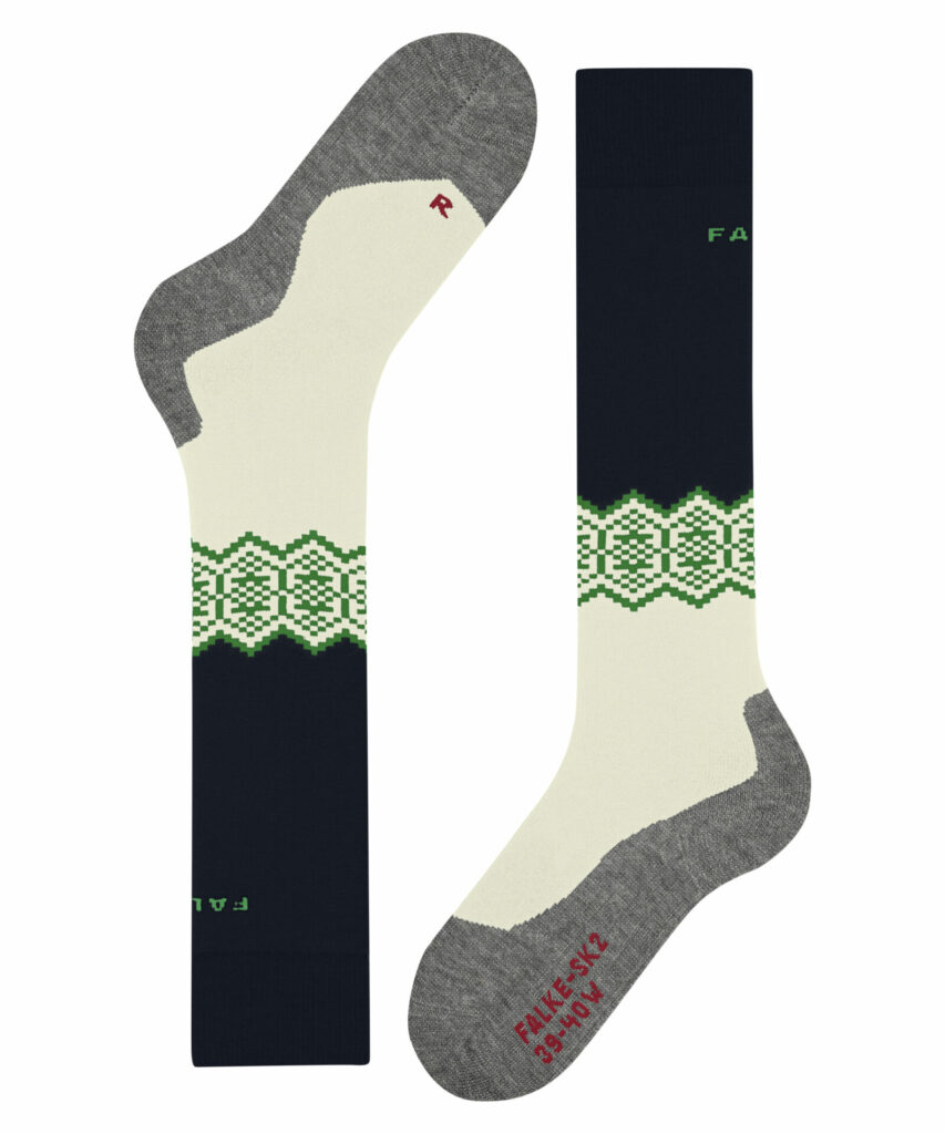 Blue, white and green printed ski knee high socks