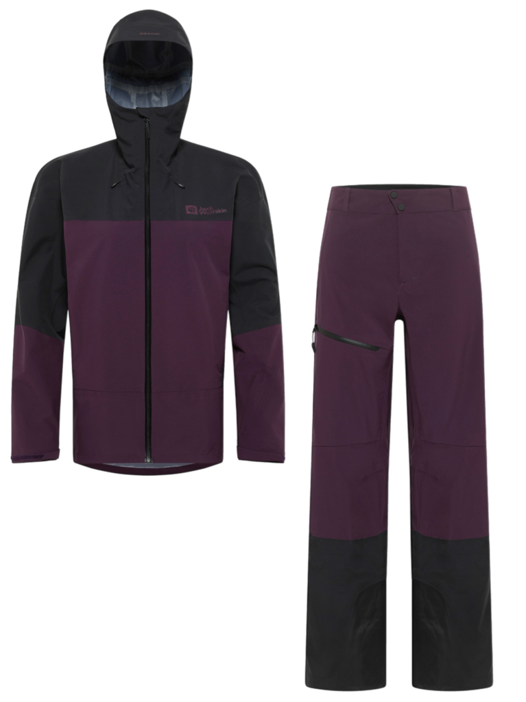 Deep purple and black ski jacket and trousers