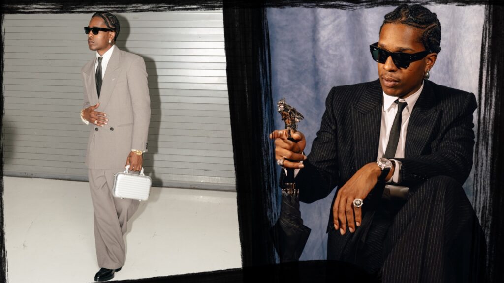 A$AP Rocky poses in Ray-Ban sunglasses and suiting