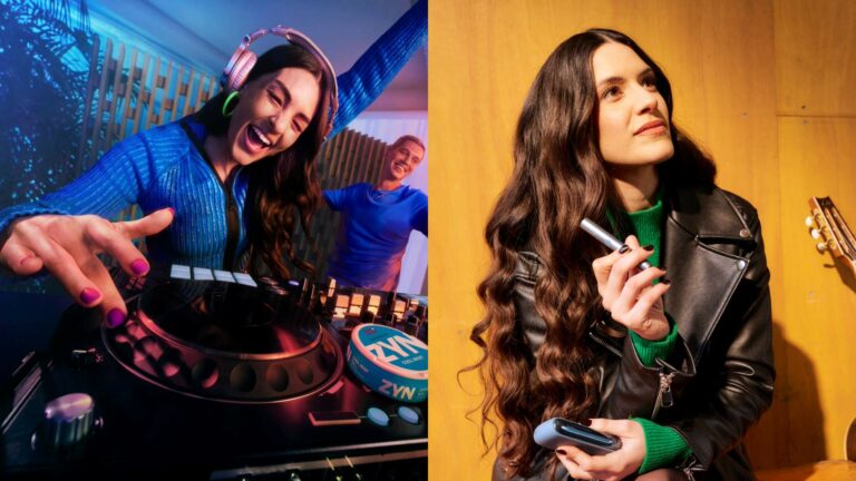 Composite of a woman on a DJ deck with a ZYN product on it and a woman holding an IQOS product